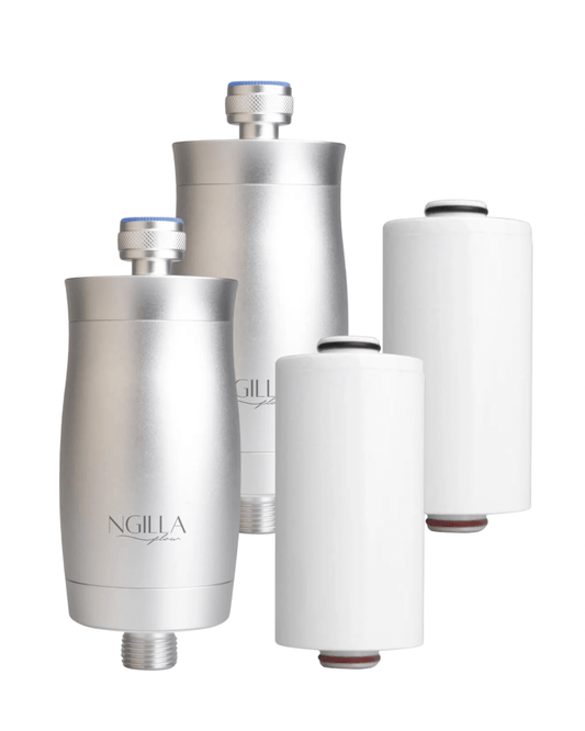 Ngilla Flow Ultimate Wellness Bundle including shower filter, refill, and exfoliating mitt